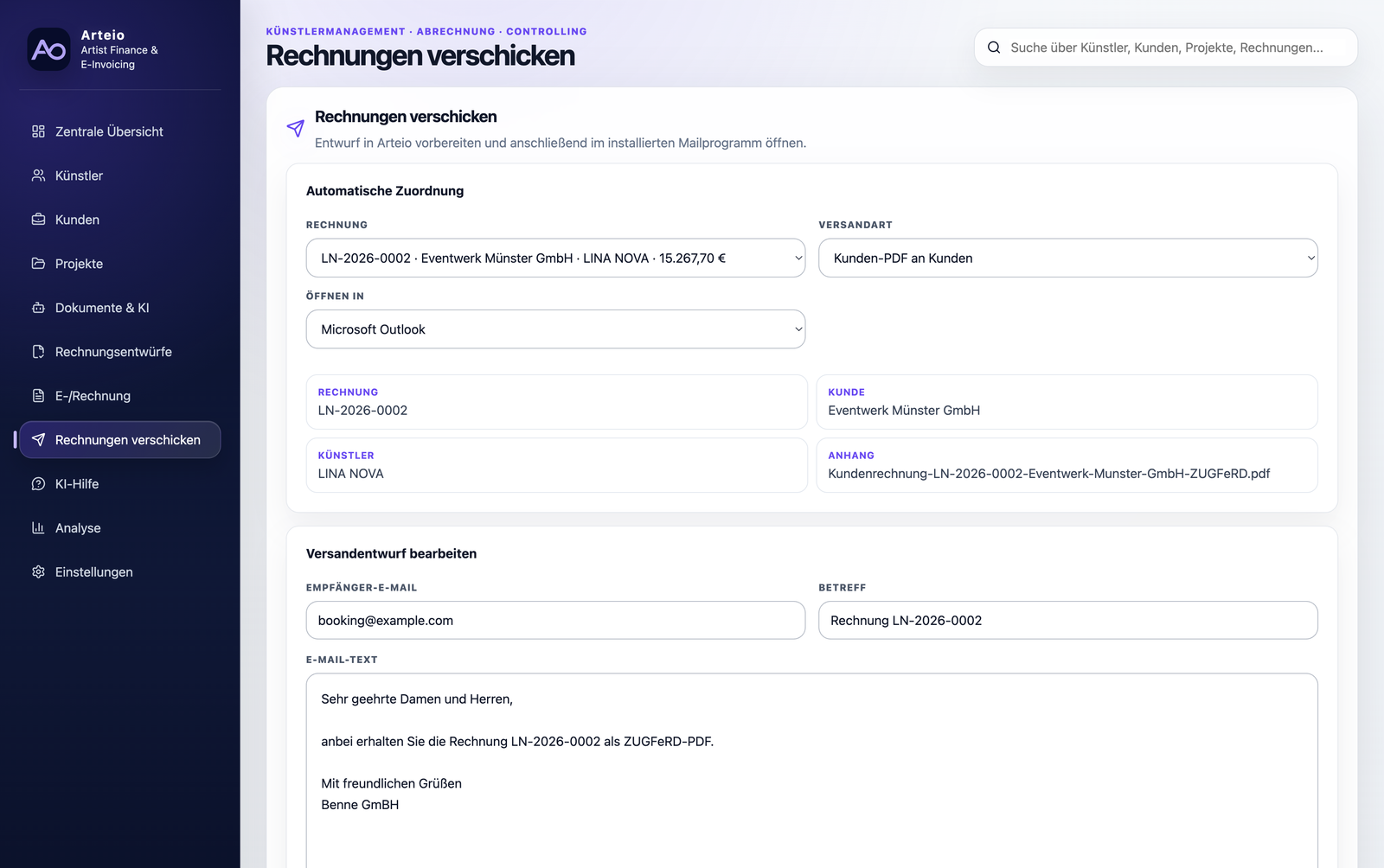 Arteio Rechnungsversand per E-Mail an Kunden und Künstler